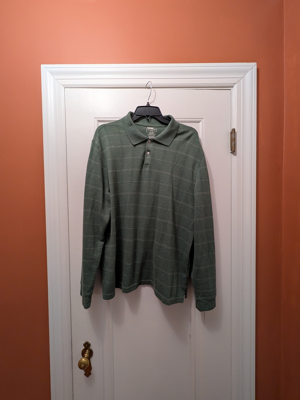 Van Heusen Men's Olive Green Windowpane Long-Sleeve Polo